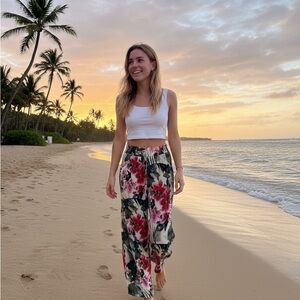 Caligirl Floral Wide Leg Beach Pants -, size large-xl, nwt